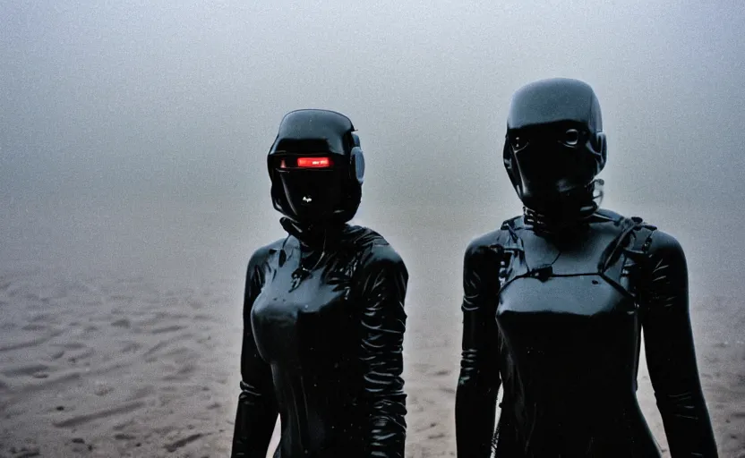 Image similar to cinestill 5 0 d candid photographic portrait by helen levitt of two loving female androids wearing rugged black mesh techwear in treacherous waters, extreme closeup, modern cyberpunk moody emotional cinematic, dust storm, 8 k, hd, high resolution, 3 5 mm, f / 3 2, ultra realistic faces, ex machina