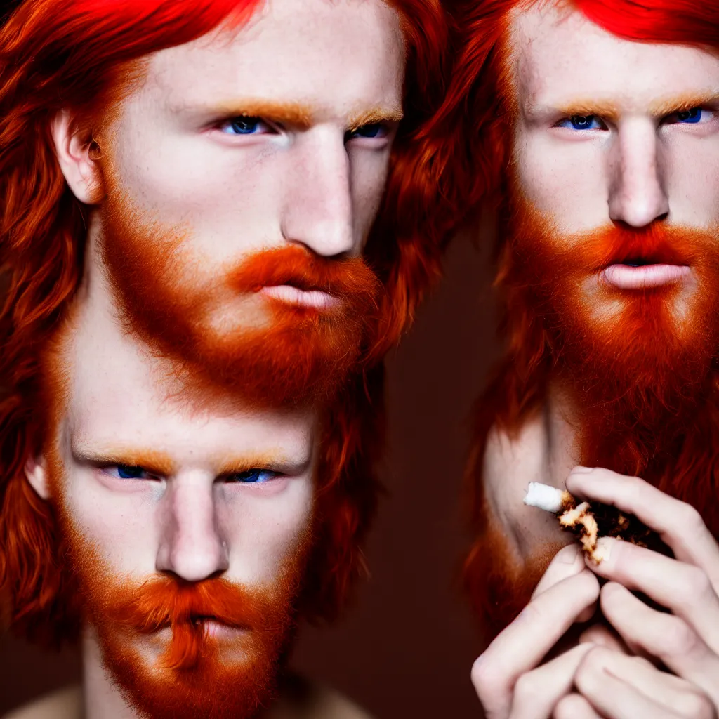 Image similar to a red haired guy, gucci male model type of guy, having smoke coming out from his ear and weed leaves inside his pupils. Super highly detailed picture, 8k, professional portrait photographer