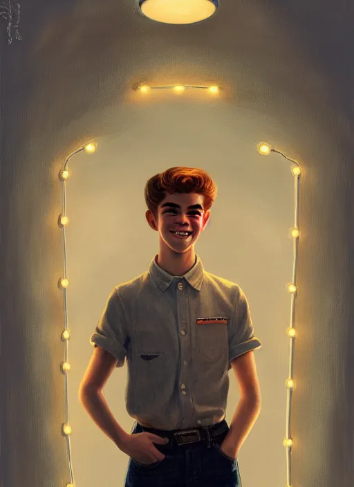 Image similar to portrait of teenage archie andrews, freckles, curly middle part haircut, curly hair, smiling kindly, friendly, 1 9 5 0 s, intricate, elegant, glowing lights, highly detailed, digital painting, artstation, concept art, smooth, sharp focus, illustration, art by wlop, mars ravelo and greg rutkowski