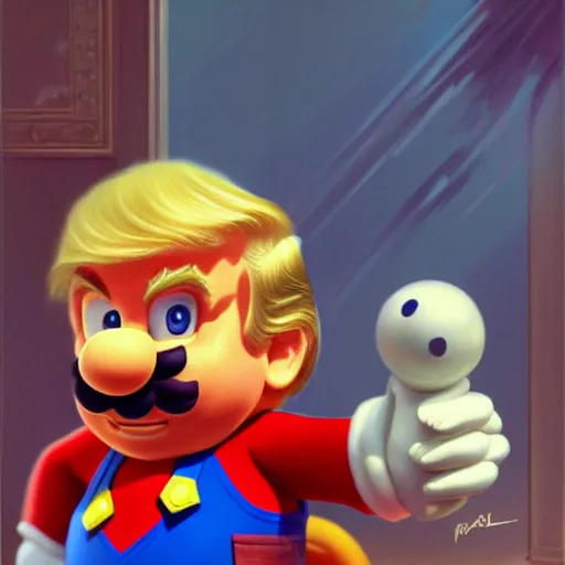 Prompt: donald trump as super mario, highly detailed, digital painting, artstation, concept art, smooth, sharp focus, illustration, art by artgerm and greg rutkowski and alphonse mucha