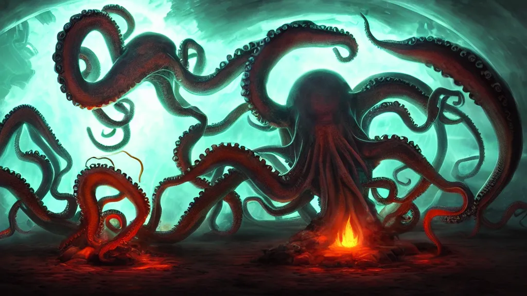 Prompt: mages in circle summoning an evil octopus beast. lighting, flux. fantasy, digital painting, hd, ultra - detailed.