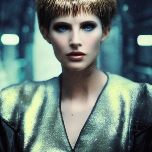 Image similar to portrait of a stunningly beautiful futuristic female replicant from blade runner, depth of field, zeiss lens, detailed, symmetrical, centered, fashion photoshoot, by Annie Leibovitz and Steve McCurry, David Lazar, Jimmy Nelsson, Breathtaking, 8k resolution, extremely detailed, beautiful, establishing shot, artistic, hyperrealistic, beautiful face, octane render