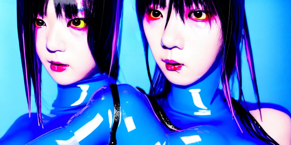 Prompt: a close - up risograph of cyberpunk japanese model girl with black eyes and pretty face wearing latex catsuit and lots of transparent and cellophane accessories, blue hour, twilight, cool, portrait, kodachrome, iso 1 2 0 0, painting by mayumi hosokura