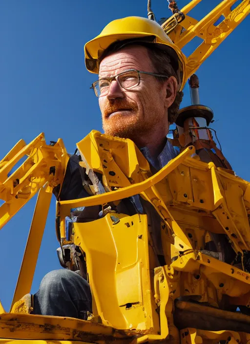 Prompt: closeup portrait of mecha bryan cranston construction crane, yellow hardhat, natural light, bloom, detailed face, magazine, press, photo, steve mccurry, david lazar, canon, nikon, focus