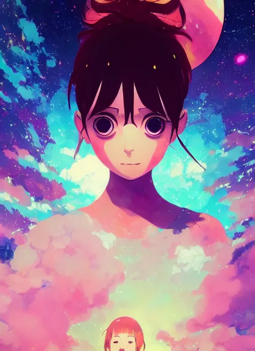 Prompt: portrait of a very cute girl, very psychedelic space background illustration concept art anime key visual, very trippy and abstract, trending pixiv fanbox by wlop and greg rutkowski and makoto shinkai and studio ghibli and kyoto animation