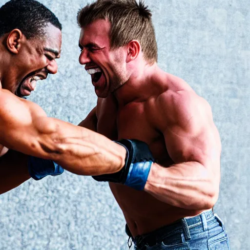 Image similar to Buff dude laughing while being punched by a skinny weak dude.