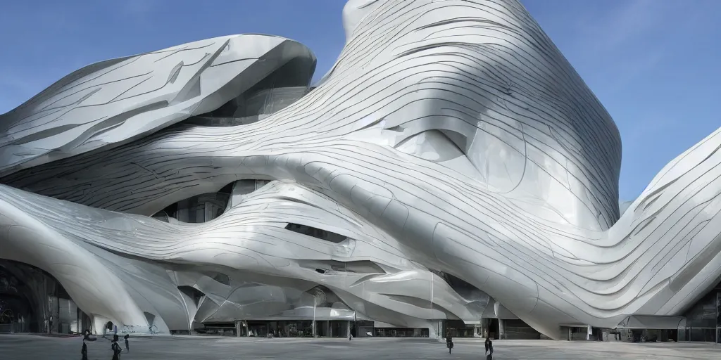 Image similar to extremely detailed ornate stunning beautiful elegant futuristic museum exterior by Zaha Hadid