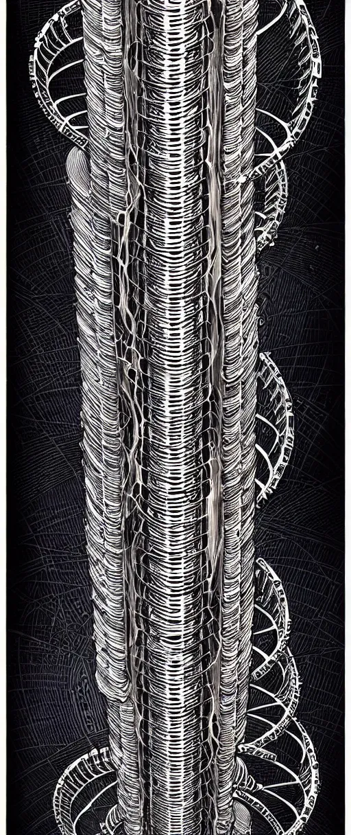 Prompt: a double helix dna cyberpunk steampunk etched pillar, high details, bold line art, by vincent di fate and joe fenton, inking, screen print, masterpiece, trending on artstation, sharp, high contrast, hyper - detailed,, hd, 4 k, 8 k