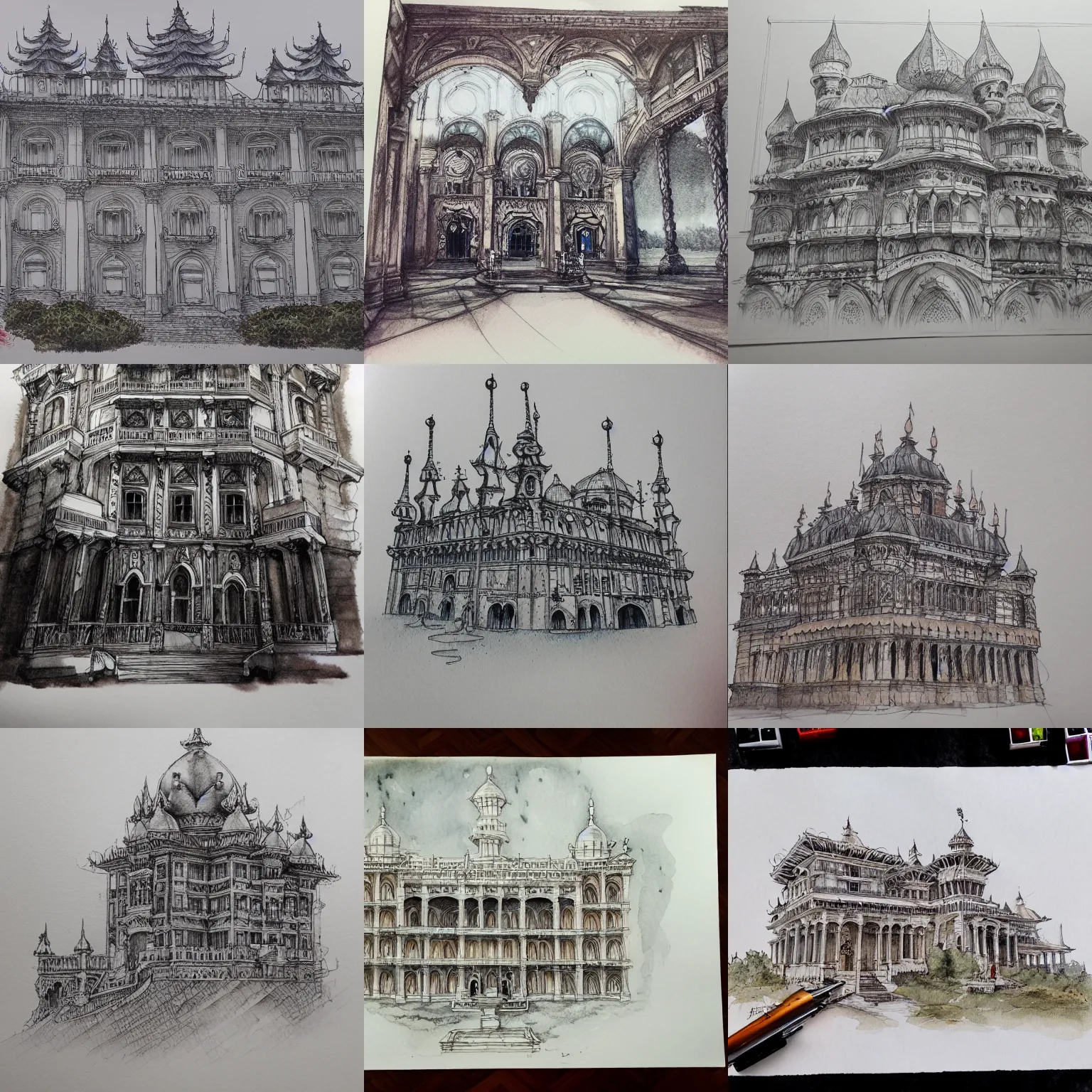 Image similar to beautiful aesthetic inspirational masterful professional ink pen and watercolor sketch of a palace, ultra detailed, fine details, trending on artstation, high quality paper