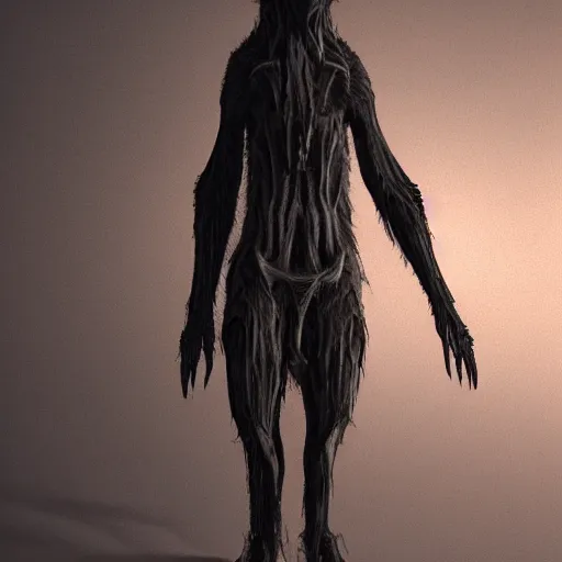 Image similar to tall bipedal creature in the darkness, long claws, large long pointy teeth, drooling, hunched over, hairless, dark cavern, no light, highly intricate, detailed, 8 k