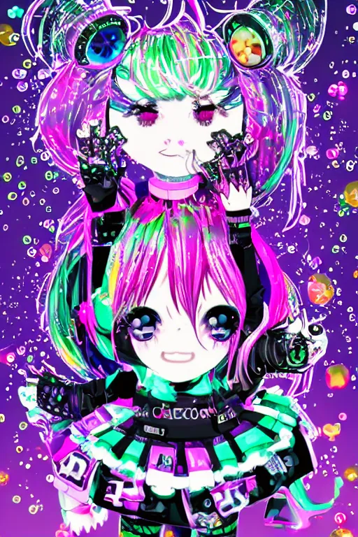 Image similar to cybergoth decora glitchcore yokai girl, sanrio ornaments, pastel cute cinematography | neo hong kong, rainy atmosphere, night time, bright lights, colorful signs, busy streets, high res, kowloon | anime decora gyaru kawaii fashion model, v tuber, darling in the frank,asuka, anime best girl, with glitch and scribble effects, psychedelic colors, 3d render octane, by wlop, wenjr, beeple, artstation,imaginefx