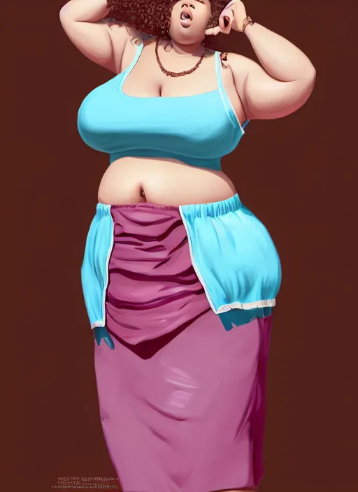 Image similar to full body portrait, teenage vanessa morgan, pink hair, brown skin, obese, curly pixie hair, sultry, realistic, short hair, hoop earrings, skirt, shirt, fat, belly, intricate, elegant, highly detailed, digital painting, artstation, concept art, smooth, sharp focus, illustration, art by wlop, mars ravelo and greg rutkowski