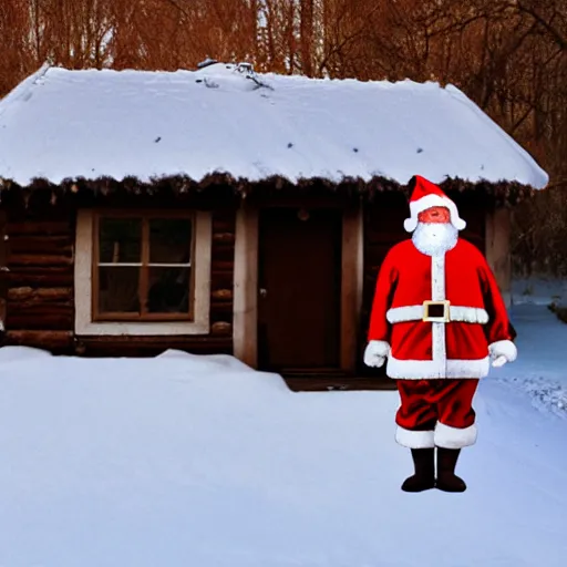 Prompt: santa standing outside a snow - covered cottage, in the style of jenny nystrom