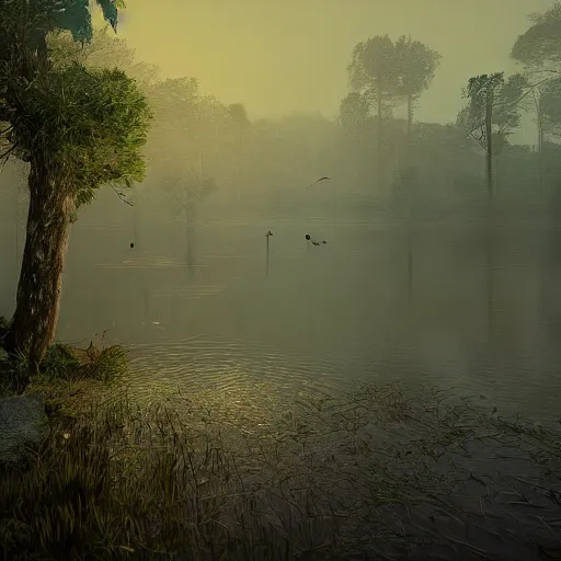 Prompt: concept of artistic swamp with mystic fog, water on the foreground and fisher with fishing rode, from horror movies, artstation, lowpoly vegetation