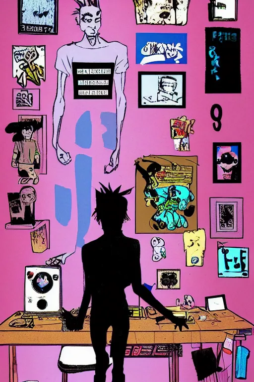 Image similar to a skinny goth guy standing in a cluttered 9 0 s bedroom by jamie hewlett, back view, jamie hewlett art, full body character concept art, vaporwave colors,