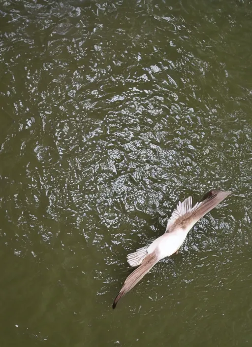 Prompt: bird swimming on its back, view from above, river, peaceful