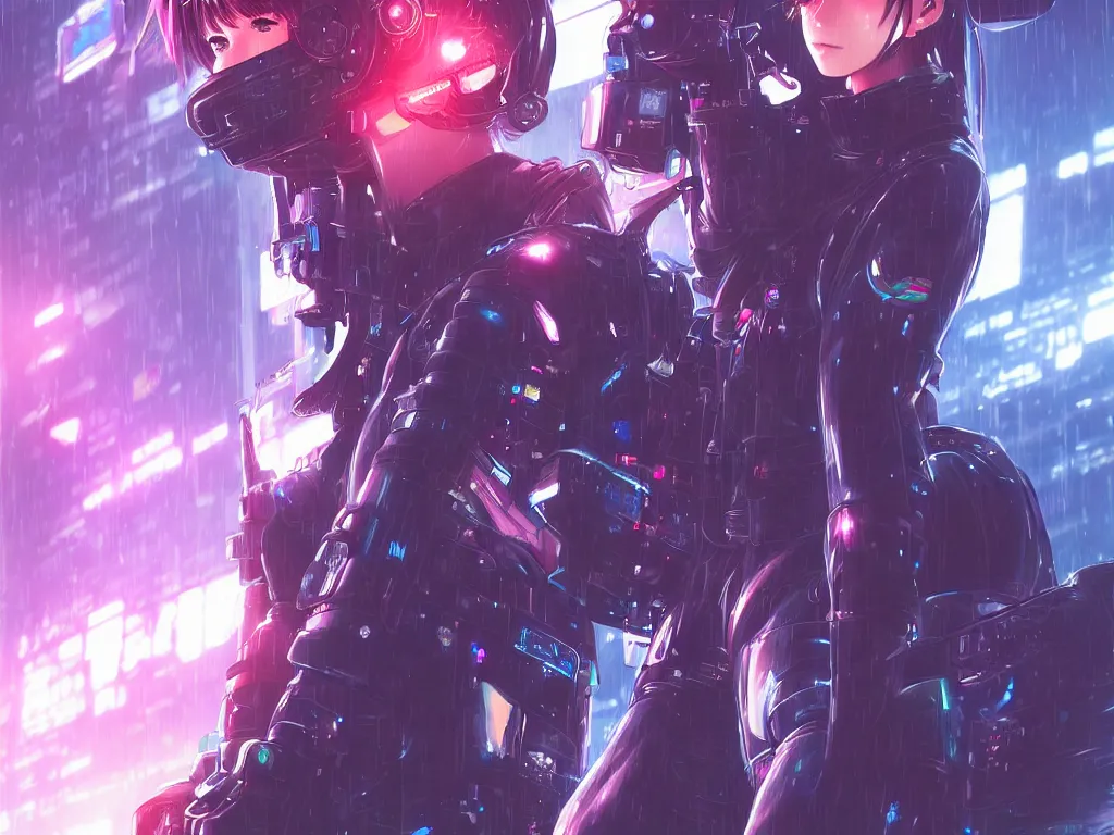 Image similar to portrait key anime visual futuristic female cyber airforce pilot, on cyberpunk neon light tokyo rainy rooftop, ssci - fi and fantasy, intricate and very beautiful, human structure, concept art, sharp focus, anime drawing by rossdraws and magali villeneuve, frostine engine