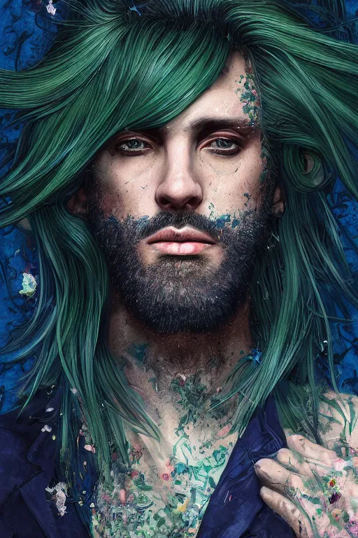 Prompt: portrait of a man with cracked thick skin. dark blue-green hair, dark flower pattern wallpaper background, high detail, by Eddie Mendoza