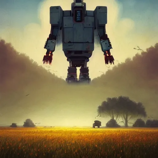 Image similar to giant mech stands over hay field by simon stalenhag, atmospheric haze, children in white jackets below look up, misty blue hour, sci fi digital painting, unreal engine 5, photorealism, hd quality, 8 k resolution, cinema 4 d, 3 d, cinematic, professional photography, art by artgerm and greg rutkowski and alphonse mucha and loish and wlop