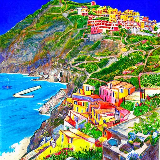 Prompt: illustration, french bande dessinée, final fantasy, mediterranean landscape, quaint village, bright colors, cinq terre, highly detailed, luminous