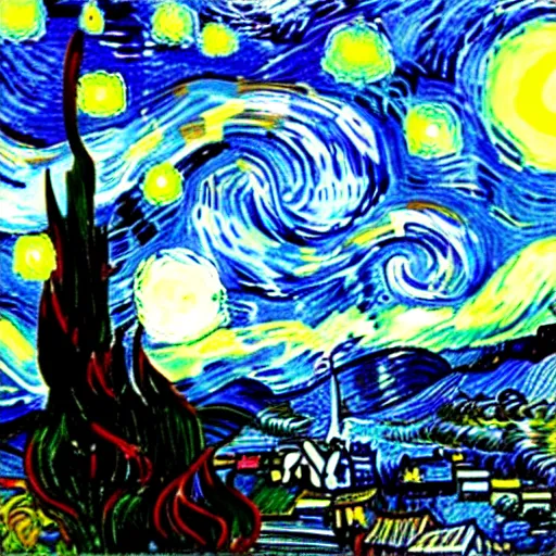 Image similar to knight's battle, style vincent van gogh's starry night