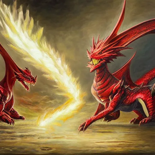 Image similar to pokemon fight a dragon. oil painting. large scale. highly detailed.