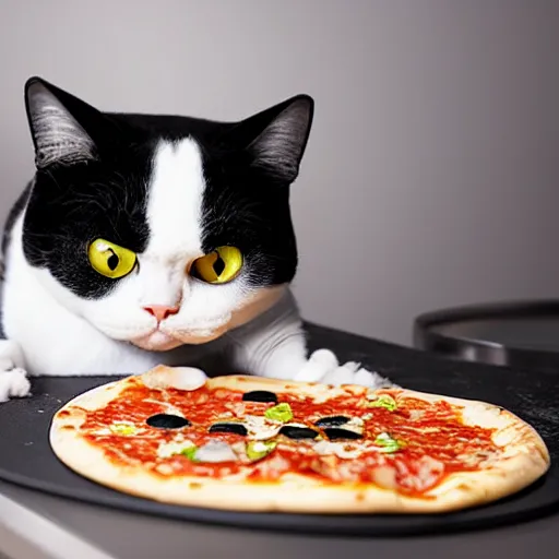 Prompt: ugly black and white exotic shorthair cat making pizza in a modern kitchen, realistic photo,