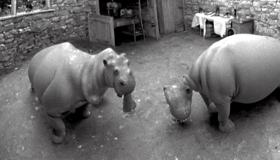 Image similar to a hippopotamus in a kitchen, by mini dv camera, very very low quality, heavy grain, very blurry, accidental flash, webcam footage, found footage, security cam, caught on trail cam