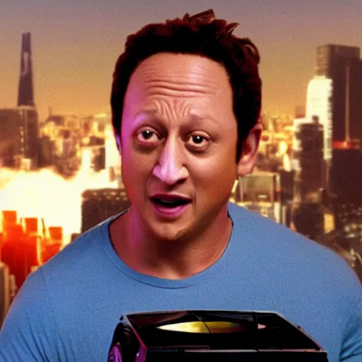 Prompt: movie still of rob schneider as an xbox, directed by michael bay