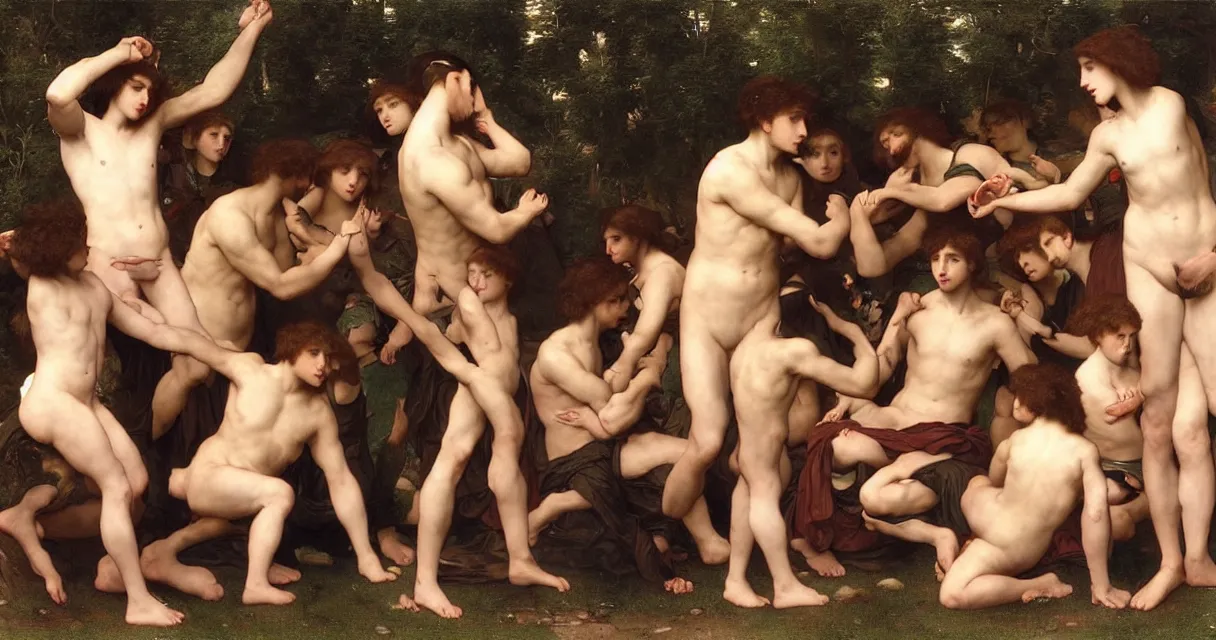 Prompt: large group of pre-Raphaelite muscular athletic male gamers wearing headsets!!!!! holding laptops!!!! playstation!!! x-box! and PC by Bouguereau and raphael