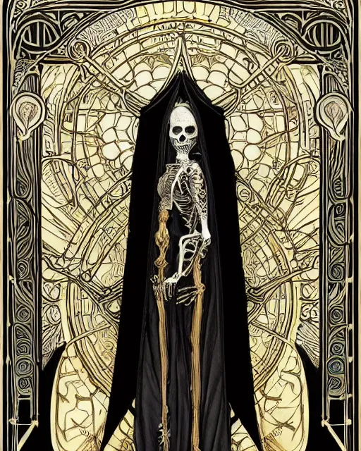 Image similar to a skeleton in a black cloak, highly detailed, very intricate, art nouveau, gold filigree, left right symmetry, tarot concept art watercolor illustration by mandy jurgens and alphonse mucha and alena aenami, featured on artstation