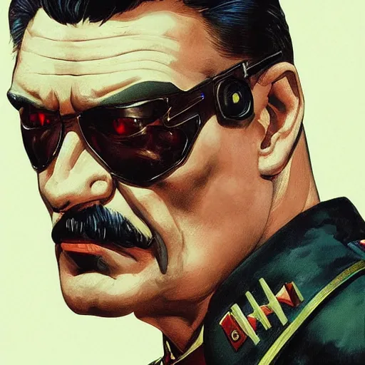 Image similar to joseph stalin as t - 8 0 0 terminator, highly detailed, digital painting, artstation, concept art, matte, sharp focus, illustration, art by artgerm and greg rutkowski and alphonse mucha