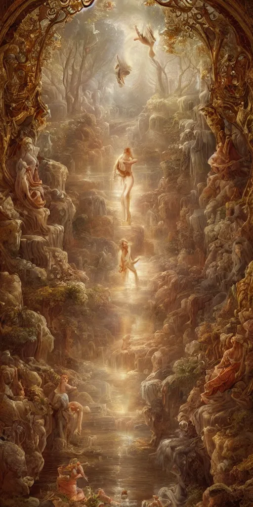 Image similar to a stunning and noble highly detailed romantic period style painting of the place where gods come into being by james jean, josep tapiro baro and harles sillem lidderdale, trending on artstation, oil painting masterpiece, symmetry, rule of thirds, mysterious