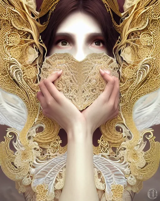 Image similar to beautiful ethereal maiden in a ivory masquerade mask intricate ornate fractal-lace and gemstones, wearing stunning ivory dress, ivory gold iridescent, full view, soft lighting, vivid, Hyperdetailed, 4k hd matte painting by Artgerm, Greg Rutkowski, Klimt, James Jean, 8k resolution, enchanting and otherworldly, Artstation, CGsociety, detailed, front view