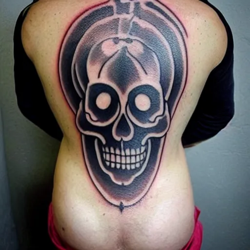 Prompt: yin-yang skull tattoo on a back of a man