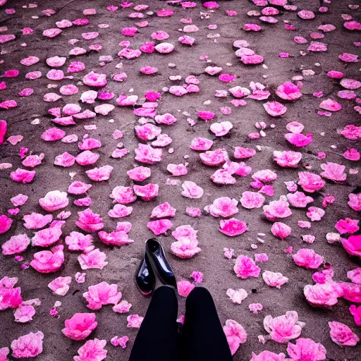 Prompt: cloudy cemetary with pink petals on the floor, goth woman sitting down, intricate details, complementary lighting, detailed face, backlighting, octane render, raytraced, depth of field, beautiful face, extremely detailed, trending in artstation, focus on face, sharp focus, radiant light, beautiful composition, yihao ren, zochi, zero - hour, jean paul fiction