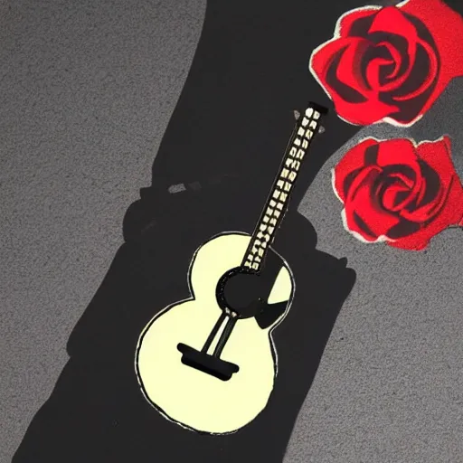 Prompt: skull and rose and guitar,