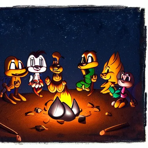 Prompt: tiny toons in real life sitting around a campfire telling stories, photographic, 3D, UE5, photorealistic, ultrarealistic, hyper realistic, drum scanner, dark vignette, burning embers, nostalgic, muted colors, slightly drunk, candy rush, autochrome, tranquil, starry night, 4K, 8K, HQ