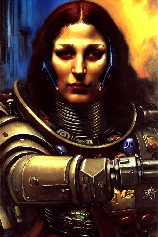 Image similar to character portrait cyberpunk starcraft terran warhammer 4 0 k space marine commmissar ( ( ( ( ( ( ( ( totally definitely not negative no not mona lisa inspired ) ) ) ) ) ) ), character design, painting by gaston bussiere, katsuya terada, frank frazetta, tom of finland, trending on artstation