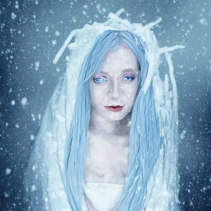 Image similar to full body portrait of a woman dying of hypothermia, with very white skin and pale blue hair wearing a long white dress made out of snowflake in the middle of a heavy snowstorm. sickly looking. digital art by maromi sagi