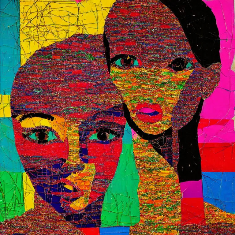 Image similar to beautiful anima girl lost in colors artwork by el anatsui