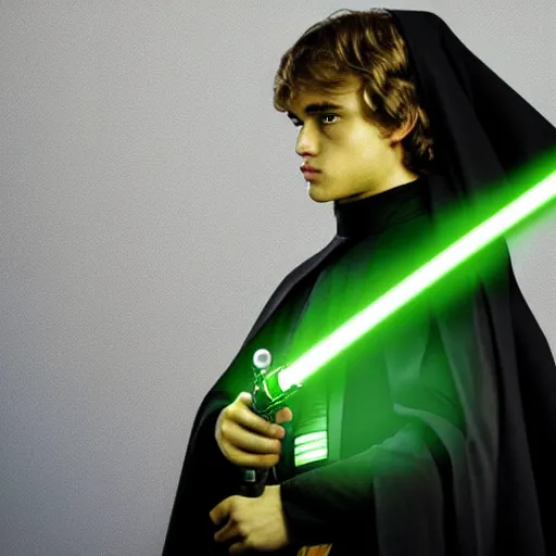 Image similar to anakin skywalker with green lightsaber, detailed photo, portrait, sharp.