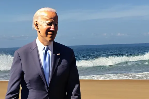 Prompt: a far away shot of Joe Biden standing in the ocean