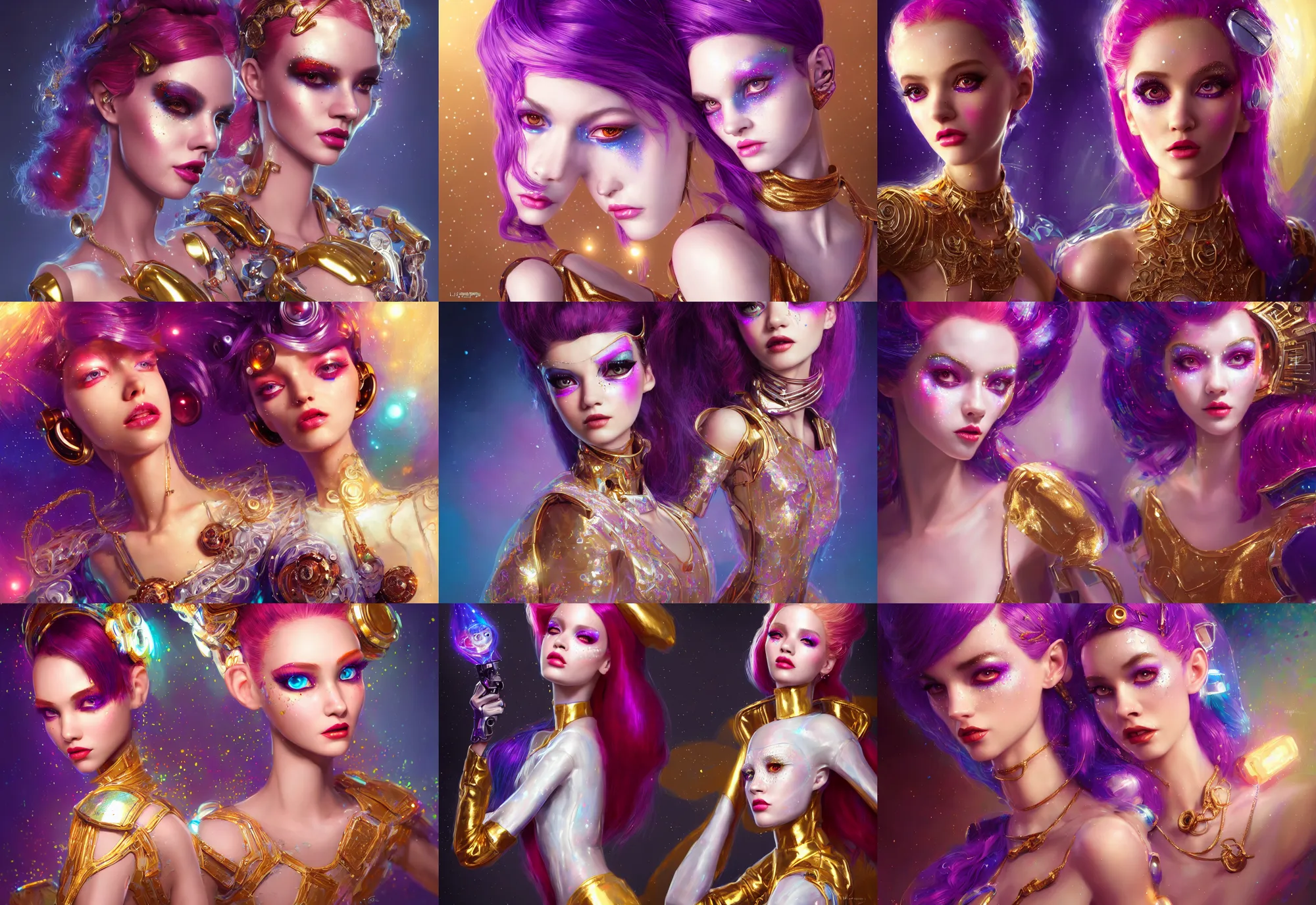 Prompt: pixar portrait 8 k photo, beautiful shiny white rich galactic gogo dancer clowncore russian cyborg college girl, golden ratio details, sci - fi, fantasy, cyberpunk, intricate, elegant, highly detailed, digital painting, ever after high, octane render, artstation, concept art, smooth, sharp focus, illustration, art by artgerm, loish, wlop