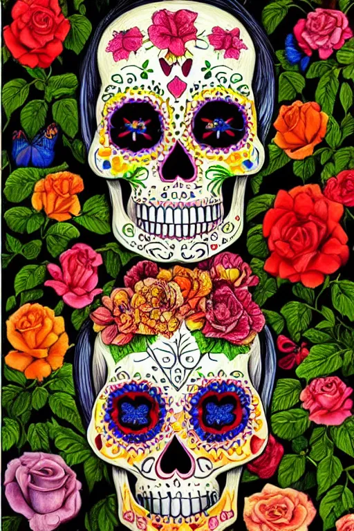 Prompt: illustration of a sugar skull day of the dead girl, art by raqib shaw