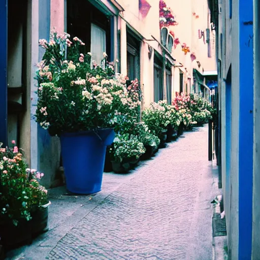 Image similar to kodak portra 8 0 0, flickr photograph view of a calm hallway street street with blue roses!! blue flowers! in downtown neo - venezia in a dreamy afternoon, a corner shop can be seen selling flowers! flower shop!!!