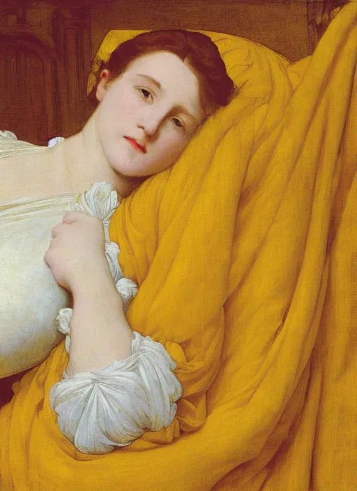 Image similar to masterpiece portrait of lady reclining on bed flowing sheets wearing yellow ochre ornate medieval dress, vertical, foreshortening, colour photography by frederic leighton, william morris, 8 k