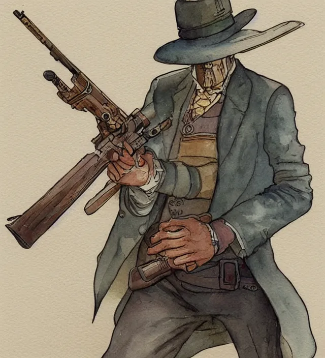 Image similar to a 3 / 4 view watercolor ink painting of an anthropomorphic bunny gunslinger posing with their revolver - rifle in the style of jean giraud in the style of moebius trending on artstation deviantart pinterest detailed realistic hd 8 k high resolution