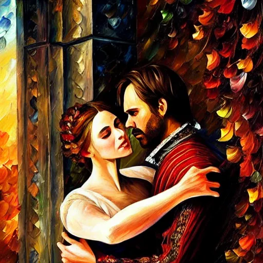 Image similar to highly detailed painting of shakespeare's romeo and juliet, last scene. intricate, high quality oil painting artstyle, in the style of leonid afremov, deviantart, figurative art, deviantart, ilya kuvshinov, lovecraftian, very detailed face, portrait