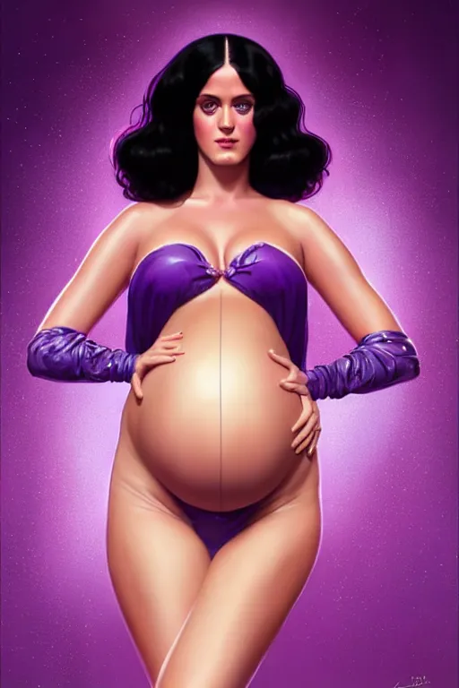 Image similar to pregnant katy perry in a purple bikini, realistic portrait, symmetrical, highly detailed, digital painting, artstation, concept art, smooth, sharp focus, illustration, cinematic lighting, art by artgerm and greg rutkowski and alphonse mucha